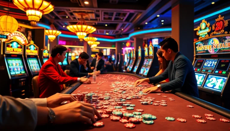 Experience the thrill of go8 nổ hũ with vibrant slot machines and colorful betting chips in a luxurious casino.