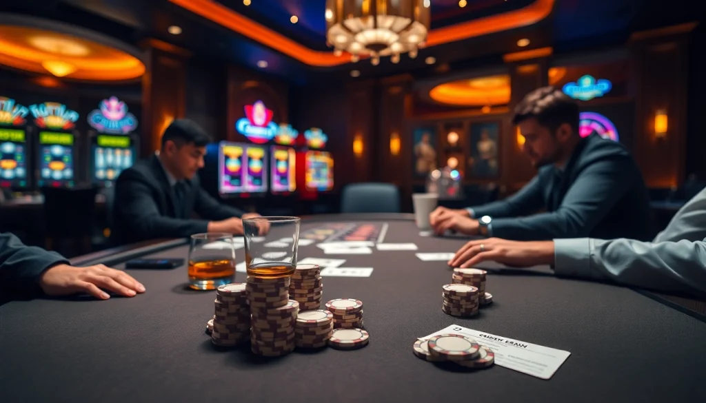 Gamblers enjoying poker at 789bet casino with luxurious ambiance and professional setup.