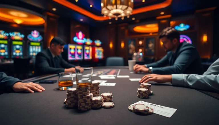 Gamblers enjoying poker at 789bet casino with luxurious ambiance and professional setup.