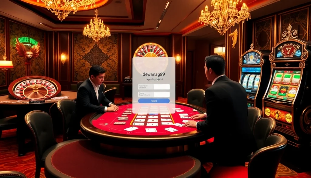 Rasakan keseruan berjudi dengan dewanaga89 login, menampilkan suasana kasino mewah yang dipenuhi chip poker, kartu, dan roda roulette.