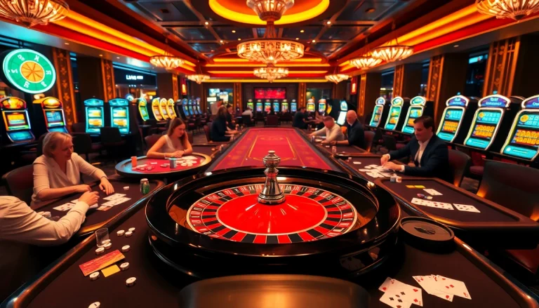 Engaging casino players experiencing excitement at https://www.kjc.global/ with poker and roulette tables.
