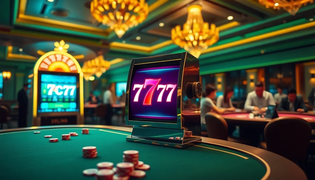 A bustling casino scene with the 7C77 logo on a slot machine, highlighting excitement in gambling.