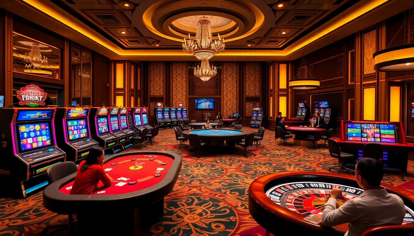 Engage with the vibrant gaming experience at Trang chủ 888VI, featuring luxurious casino tables and exciting slot machines.