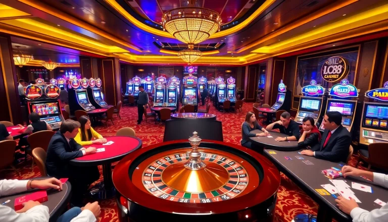 Players enjoying various games at LC88 Casino, featuring vibrant tables and a roulette wheel.