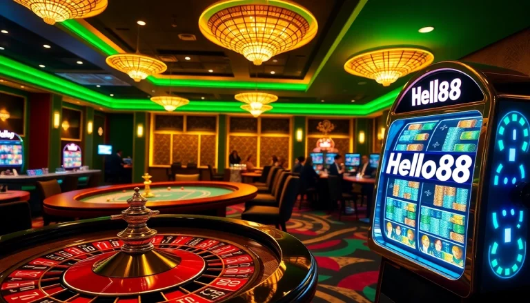 Exciting casino scene highlighting Hello88 branding with poker tables and slot machines.