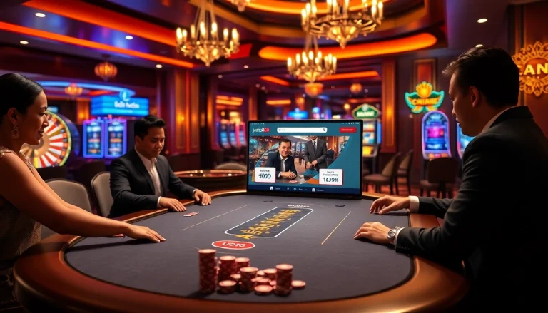 Experience high-stakes poker action at jun88.rodeo with vibrant chips and glamorous casino ambiance.