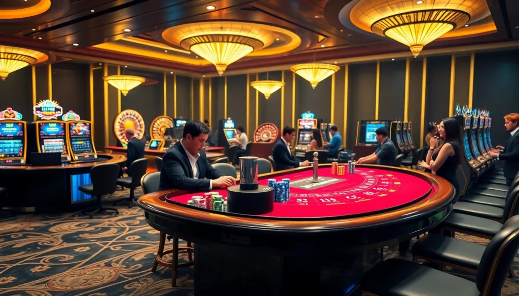 Engage with thrilling LC88 casino action featuring vibrant gaming tables and dazzling slot machines.