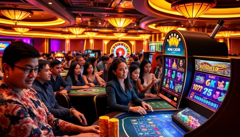 Experience thrilling 'nổ hũ' action with excited players at luxurious casino slot machines.