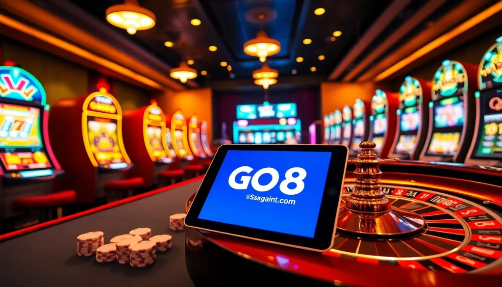 Engaging players at GO8 com roulette table with vibrant slot machines in a luxurious casino.