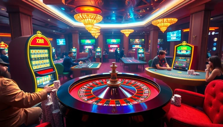 Players engaging at a casino table in xx88 surrounded by opulent decor and excitement.