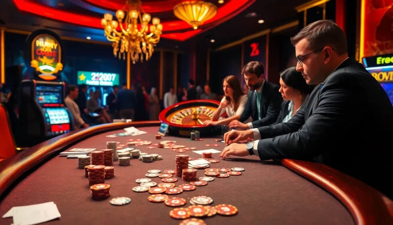 Engaged players at a poker table in a luxurious casino showcasing https://622bett.com.br/ betting strategies.