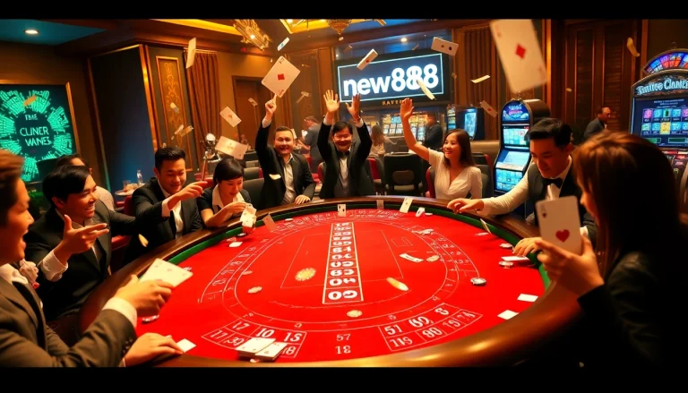 Players engaged in high-stakes gaming at new888's luxurious casino table, showcasing excitement and strategy.