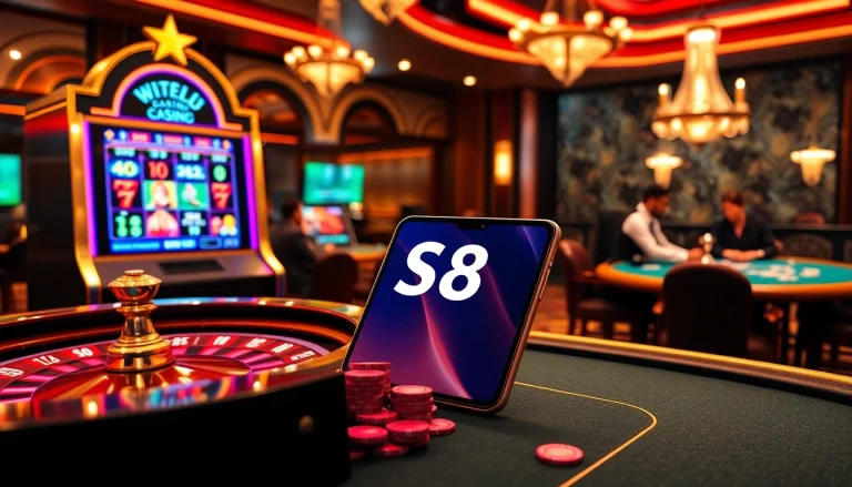 S8 casino experience with vibrant slot machines and roulette wheel capturing excitement.
