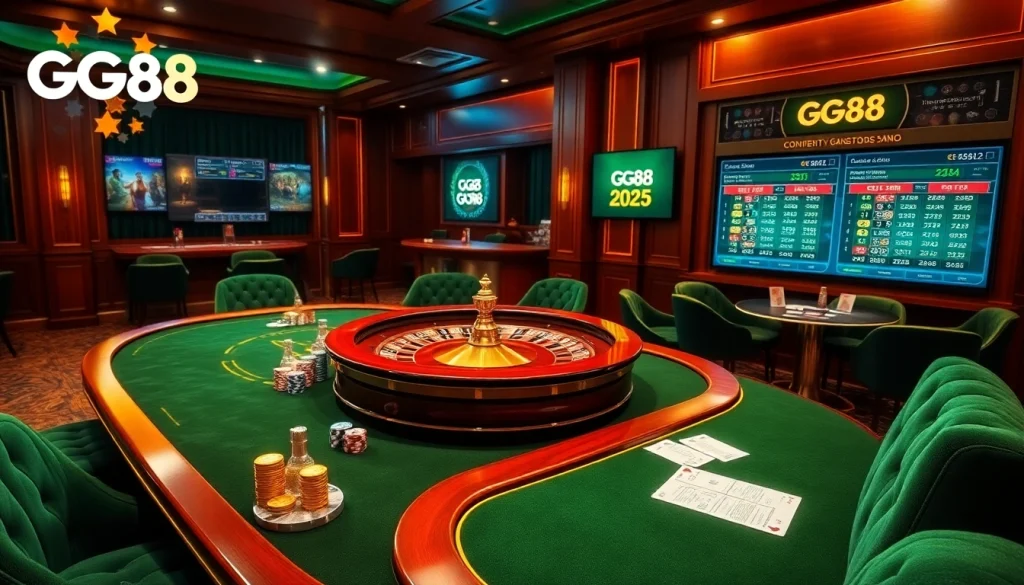 Engaging GG88 online gambling interface at an elegant casino table with vibrant chips and cards.