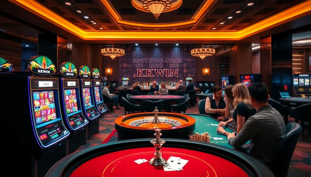 Experience thrilling gameplay with https://kkwin.life/ at a luxurious casino featuring vibrant slot machines and a roulette wheel.