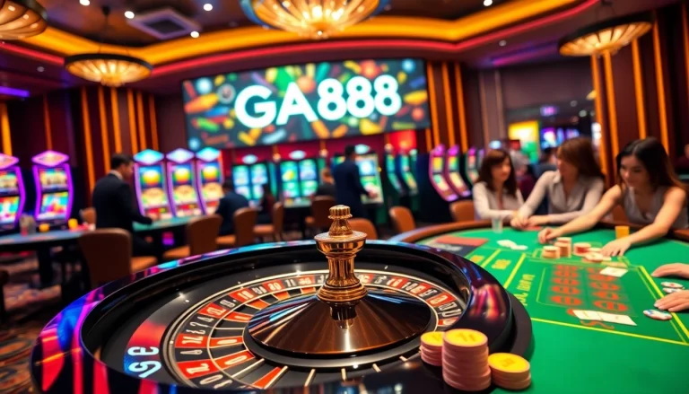 Experience thrilling gameplay at Ga888 with vibrant poker chips and a roulette table.