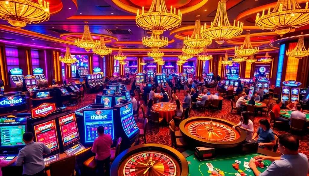 Experience the thrill of thabet with vibrant casino games, including poker tables and slot machines.
