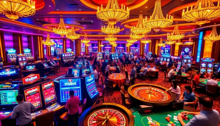 Experience the thrill of thabet with vibrant casino games, including poker tables and slot machines.