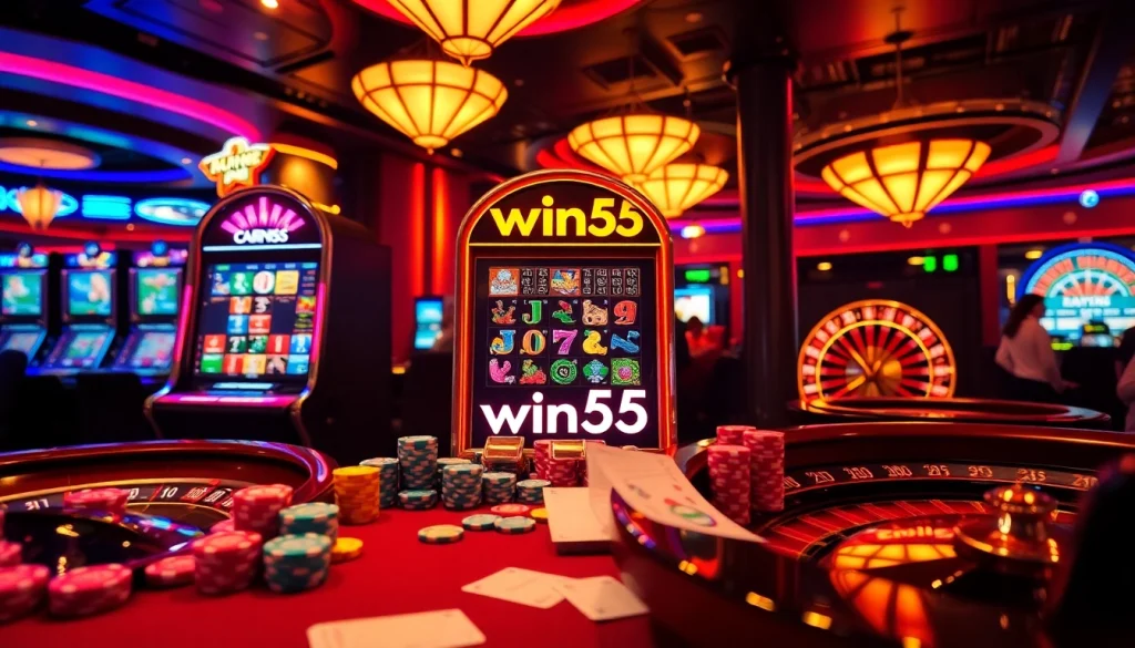 Win55 casino scene showcasing slot machines, poker chips, and roulette wheels in a vibrant atmosphere.