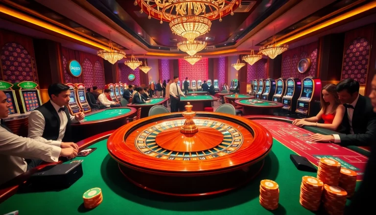KJC casino scene with players, roulette wheel, and poker tables showcasing an exciting atmosphere.