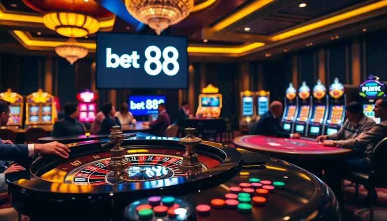Experience the thrill of betting at bet 88 with an exciting casino scene featuring roulette and poker.