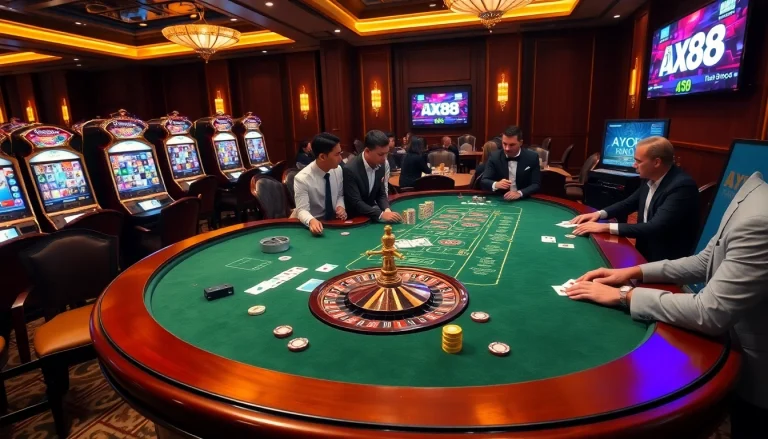 Engaged gamblers enjoying a dynamic game at https://ax88.com.de/ in a vibrant casino atmosphere.