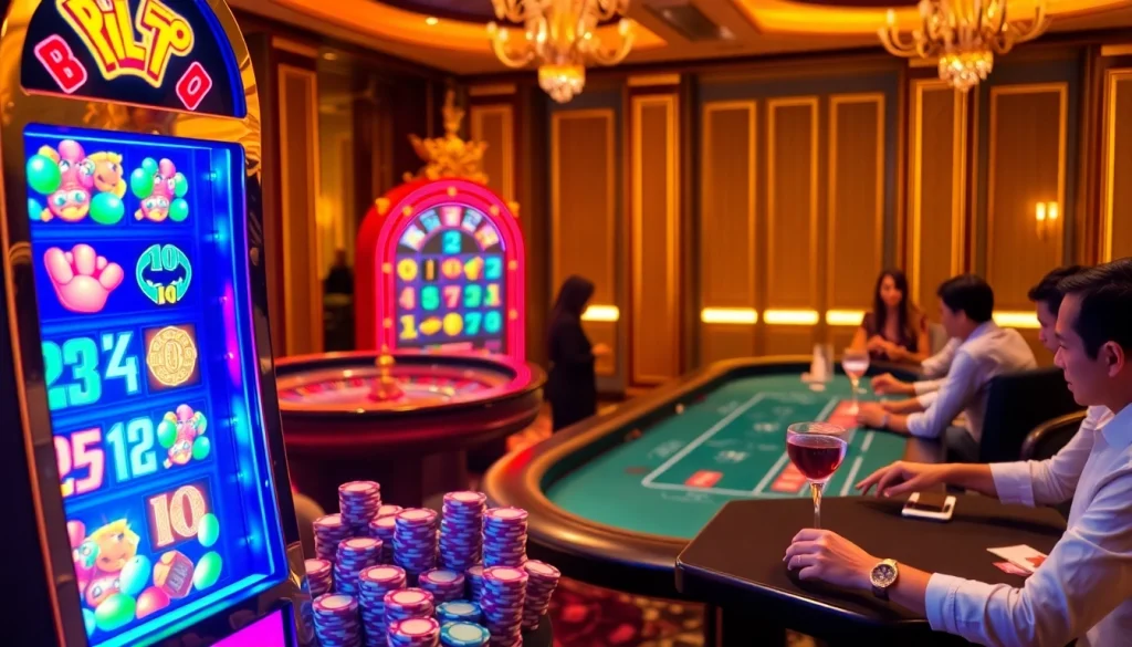 Playing thrilling slot games at birutoto casino with vibrant machines and colorful chips.