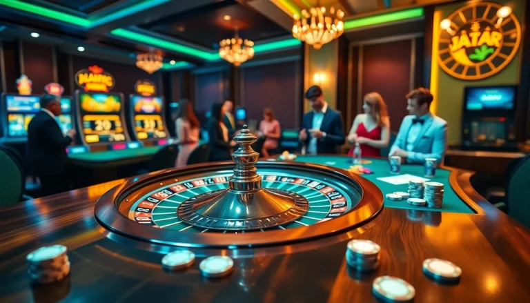 Experience high-stakes excitement at jbo.com with roulette wheels, poker chips, and vibrant casino visuals.