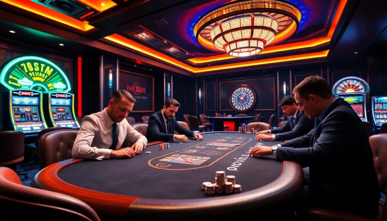MM88 casino scene featuring intense poker action with chips and cards in a vibrant atmosphere
