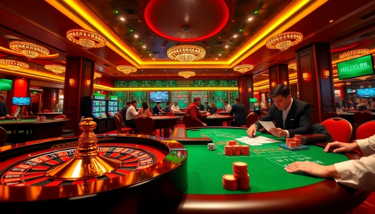 Players experience thrilling gameplay at Hello88 casino with vibrant tables and roulette.