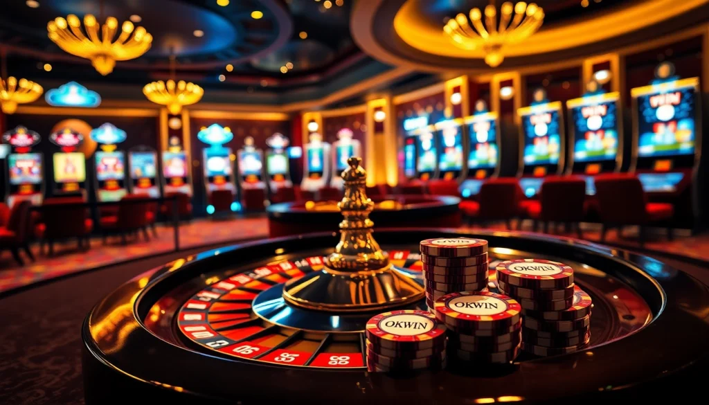 Experience high-stakes gaming with OKWIN at a luxurious casino table full of poker chips.