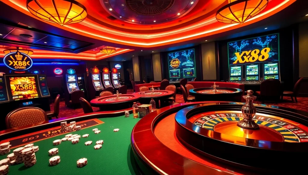 Experience the thrill of xx88 casino games with vibrant poker tables and roulette wheels.