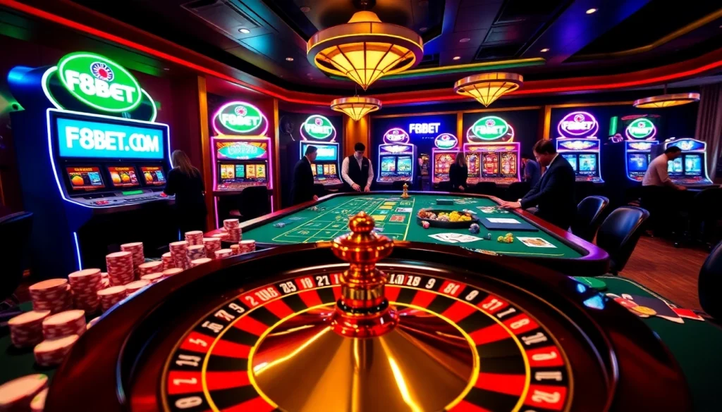 Engage in thrilling gameplay at F8BET.COM with vibrant casino scenes featuring poker chips and slot machines.