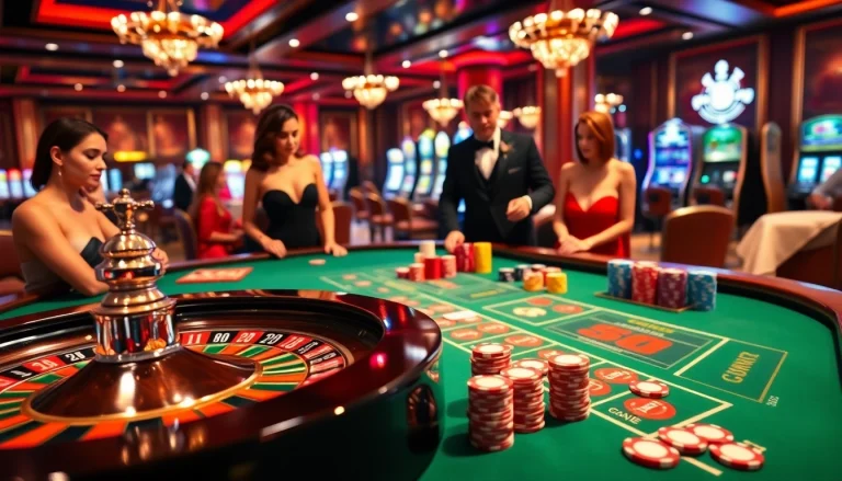 Exciting roulette game at GA888, showcasing vibrant chips and dealers for thrilling gambling experience.