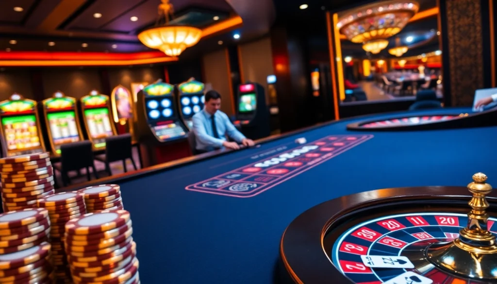 Experience thrilling gameplay at https://mm88.sa.com/ with a vibrant casino scene featuring dealers and flashy slot machines.