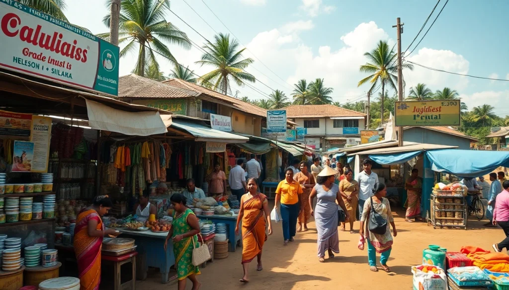Engaging scene of Hela Ads in vibrant Sri Lankan street market.