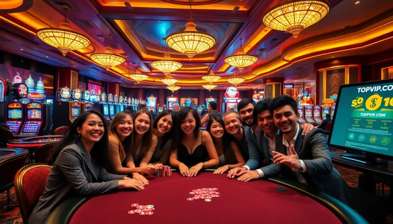 Gamblers enjoy an exciting game at TOPVIP.COM, showcasing vibrant casino tables and visuals.