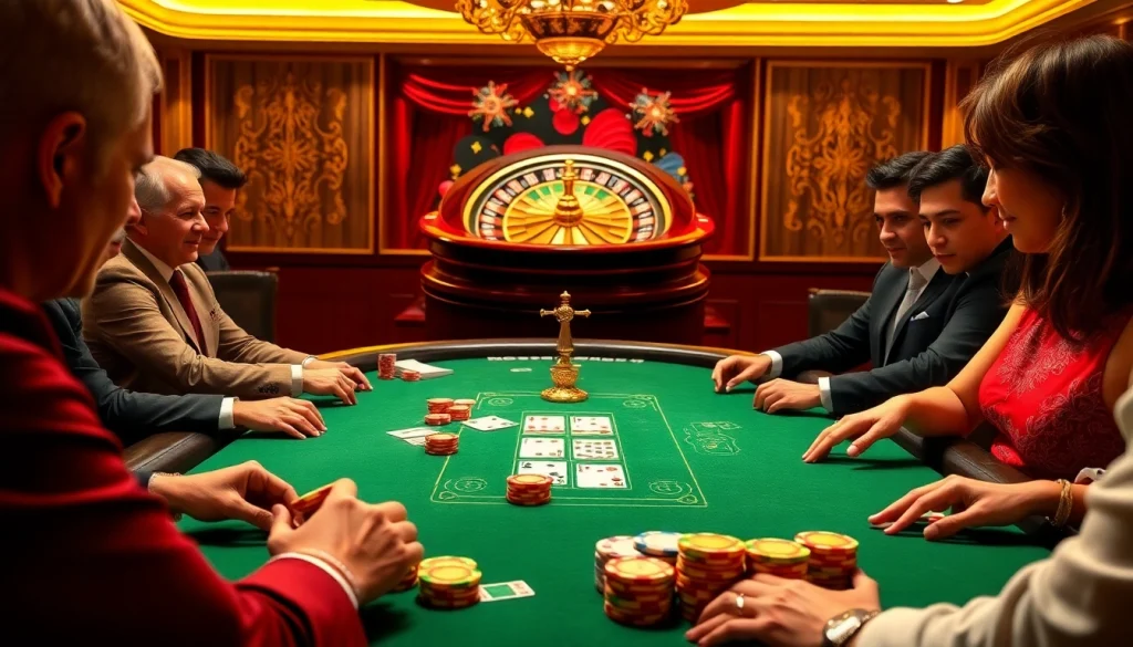 Exciting poker game with mm88 chips and cards at a luxurious casino.