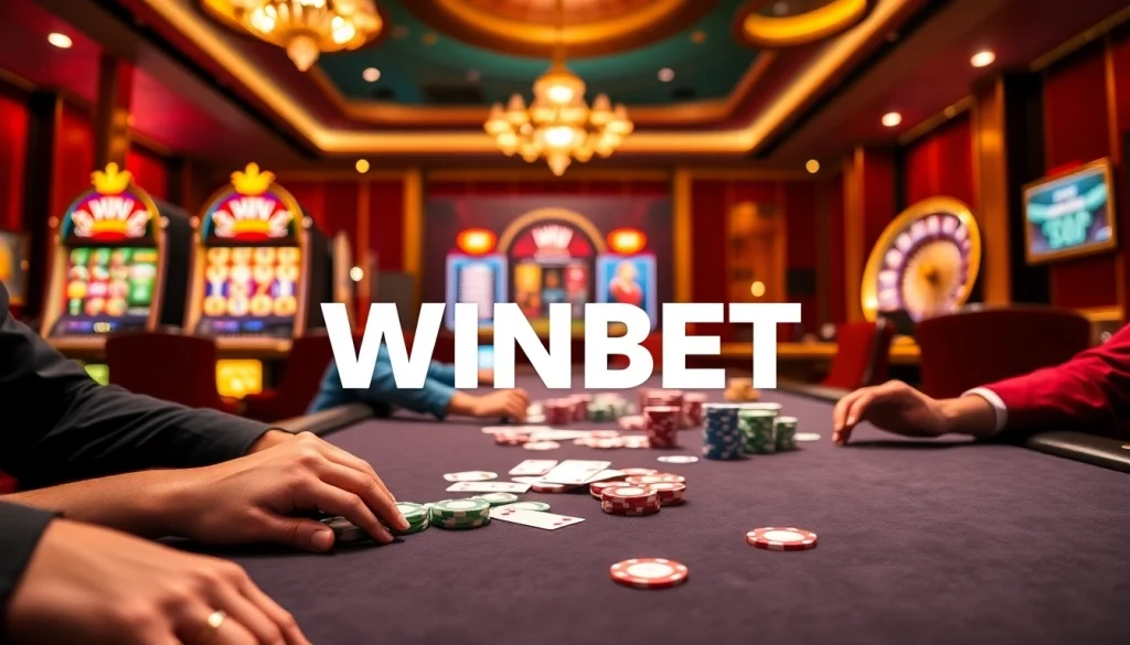 WINBET poker action with colorful chips and players at a luxurious casino table.