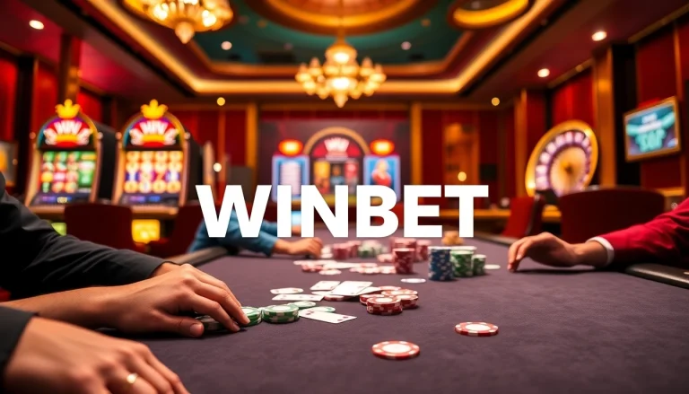 WINBET poker action with colorful chips and players at a luxurious casino table.