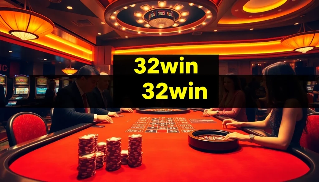 Exciting casino scene at 32win with professional dealers, vibrant gaming tables, and poker chips.