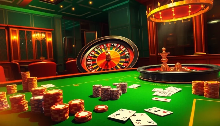 Engage in thrilling gambling activities at https://www.kjc.global/ with vibrant casino tables and a roulette wheel.
