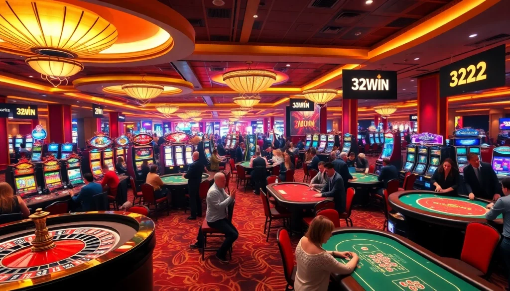 Experience the excitement at 32WIN casino with players celebrating their wins amid vibrant gaming tables.