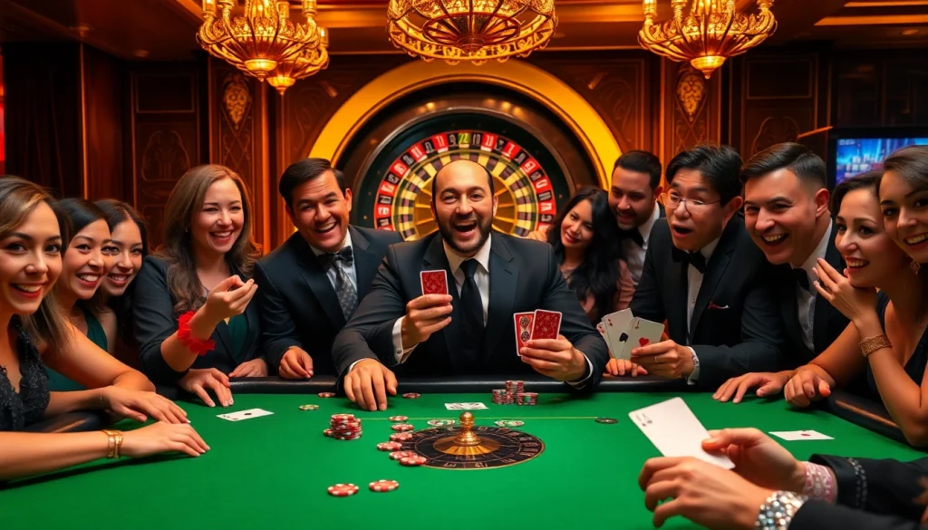 Excited players unveiling their winning hand at a luxurious casino table inspired by https://rr88co.net/.
