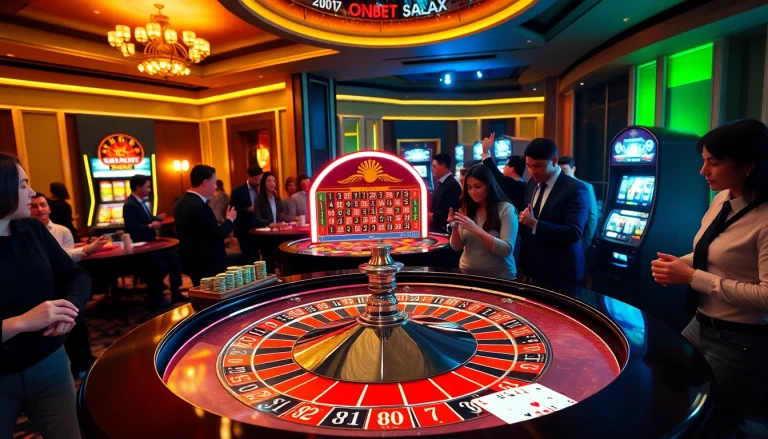 Players celebrating their wins on ONBET in a vibrant gambling atmosphere.