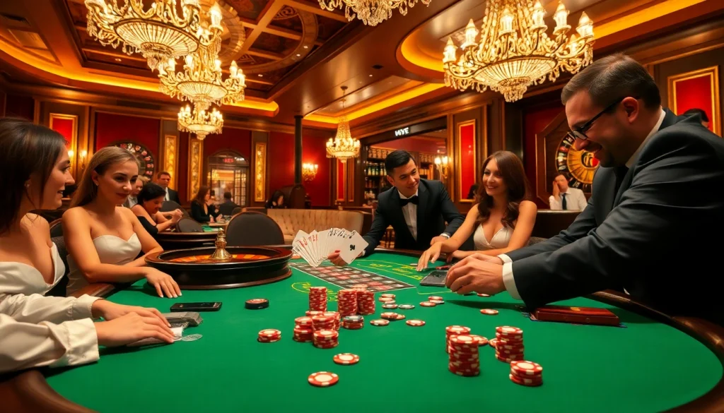 Engaged players showcasing strategy with ee88e poker chips on a luxurious casino table.