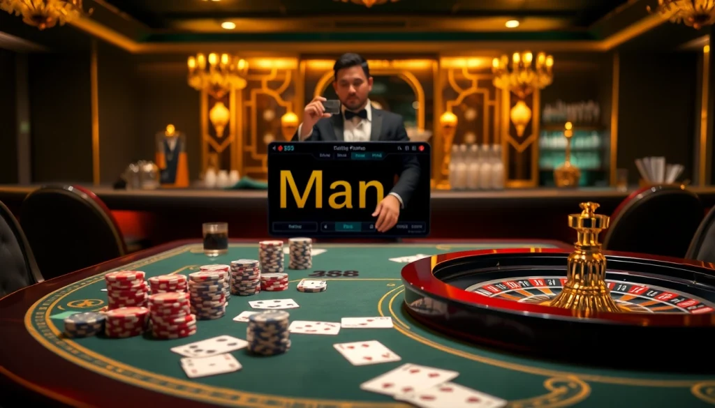 Man88 casino table showcasing poker chips and a roulette wheel for an exciting gambling experience.