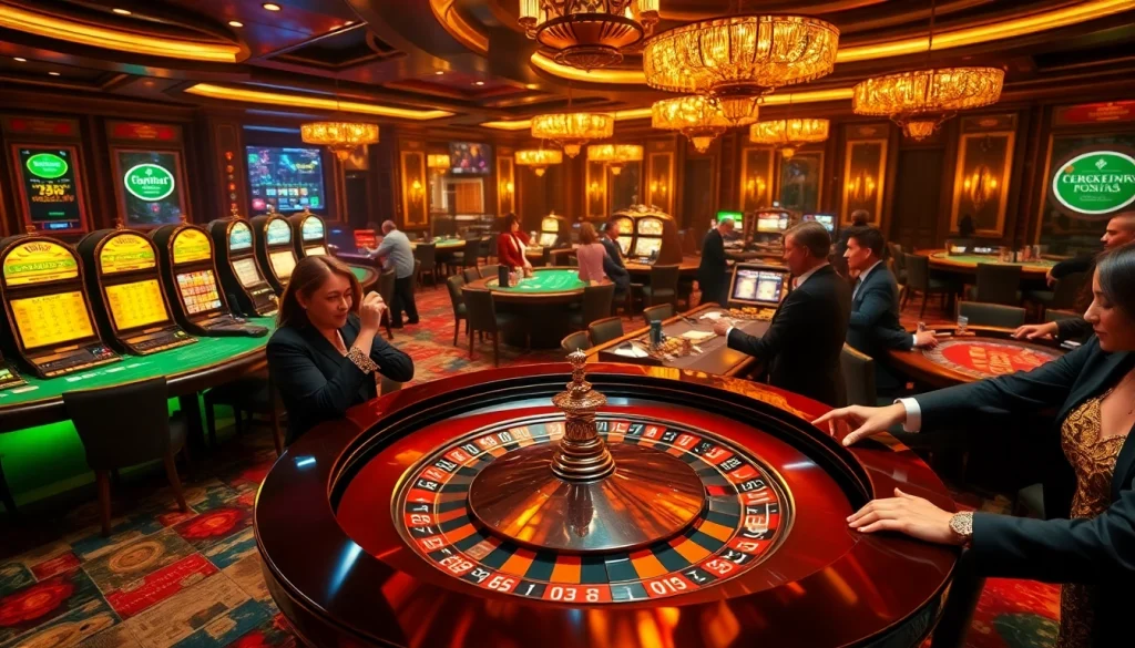 Engaged gamblers strategize their bets at a luxurious casino with vibrant go 88 theme elements.
