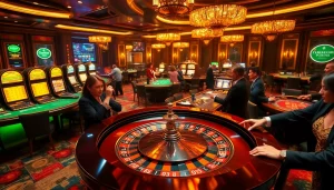 Engaged gamblers strategize their bets at a luxurious casino with vibrant go 88 theme elements.