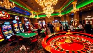 Players engaging in thrilling games at https://b52.za.com/ casino with vibrant machines and tables.